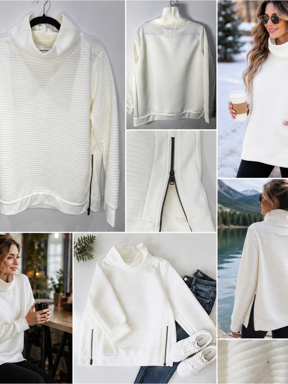 The Sweatshirt Project Sweatshirt Large Ivory Texture Ribbed Side Zip Minimalist